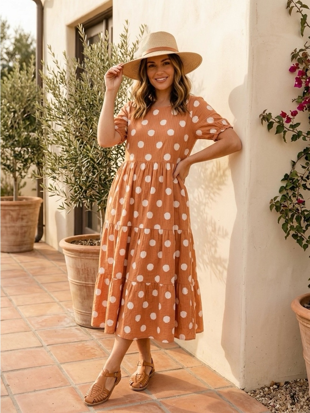 ROOLEE Sands Grove Rust Brown Polka Dot Midi Dress M